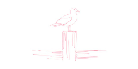 Naklejka premium A continuous line drawing style illustration featuring an editable stroke. It shows a seagull perched on a piling by the sea. This vector illustration comes with an editable stroke.