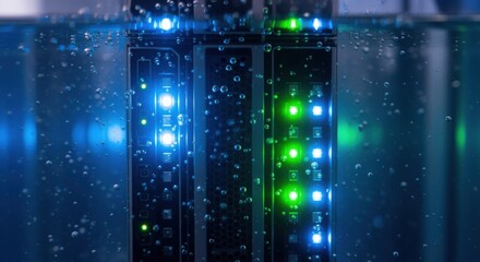 Closeup on the glowing LED indicators of an immersion cooled server unit within a transparent coolant bath signaling active system status.