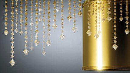 Elegant golden chandelier with hanging jewels against a gradient background
