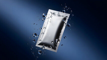 A silver foil packet surrounded by water droplets on a blue background