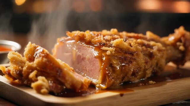 Steaming deep-fried ham cutlet drizzled with brown sauce crispy and golden on a wooden serving board