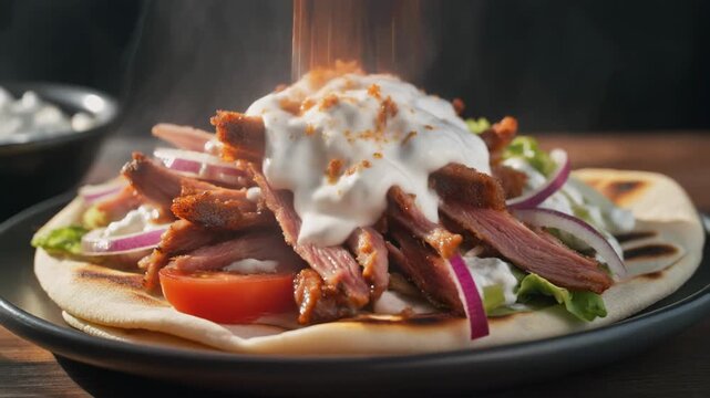 Close-up of authentic greek gyro or turkish shawarma being seasoned with spice topped with rich tzatziki sauce sliced meat and fresh vegetables on pita bread.