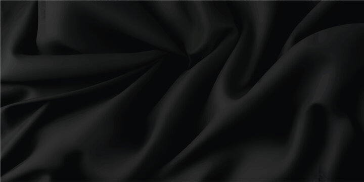 Smooth black satin silk fabric texture background with luxurious shiny folds and flowing decorative waves creating a high end elegant surface for fashion, cosmetic branding and premium visual design
