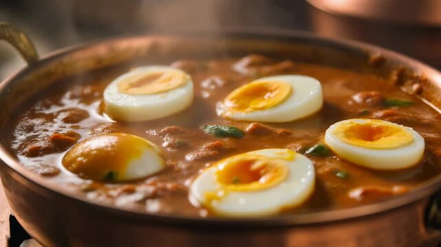 Rich and steaming indian egg curry (anda curry) served in a traditional copper karahi showcasing the vibrant texture of the spicy masala.