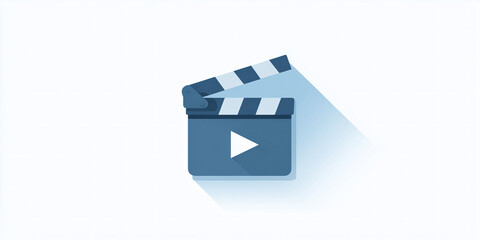 A cinematic clapperboard featuring a play icon, casting a shadow