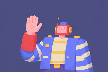 A cartoon robot waving his hand. The robot has a red face and blue jacket with the antenna
