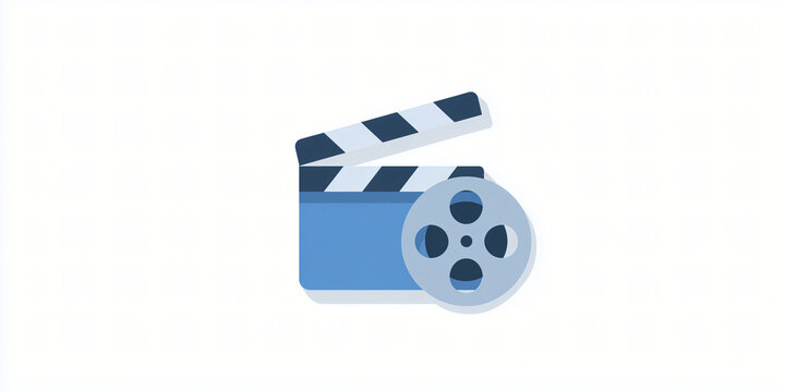 A blue clapperboard and film reel, the symbols of cinema. This image is perfect for any project related to film-making and entertainment