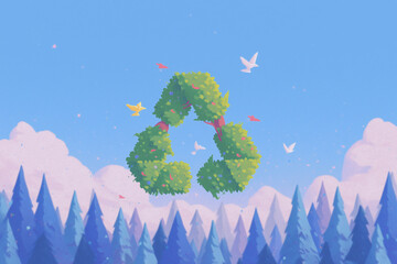 A green recycle symbol made of plants and leaves