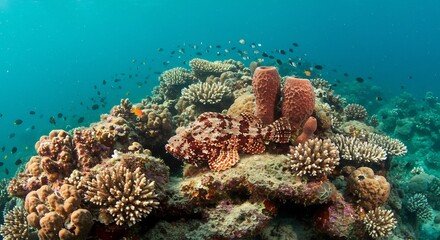 穏やかな太陽光が降り注ぎ透き通った青い海に生命力溢れる多様なサンゴ礁が広がる色とりどりの熱帯魚が優雅に泳ぎ輝く幻想的で美しい自然の水中世界. AI Generated