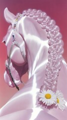 Pearl Pink Fantasy Horse with Gem Bridle.Glossy pastel pink horse with braided pearl mane, white daisies, and glittering gem-studded bridle on a soft gradient background.