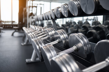 Rows of dumbbells in the gym with handramp