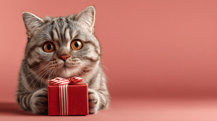 Adorable surprised cat holding small red gift box on pink background for Valentines Day celebration and cute holiday concept
