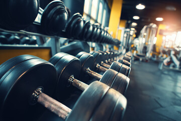 Rows of dumbbells in the gym with handramp
