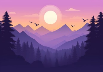A serene landscape featuring purple mountains, a glowing sun, and silhouetted trees, creating a tranquil and picturesque scene at dawn or dusk.