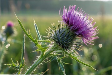 A highly detailed macro shot of a purple thistle flower in full bloom, with sharp spiky leaves surrounding it, dewdrops glistening on the petals,