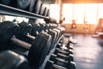 Rows of dumbbells in the gym with handramp