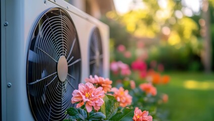 An air conditioning unit is paired with vibrant flowers, showcasing a blend of technology and nature in a sunny outdoor setting.