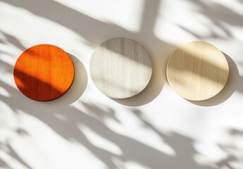 Three textured circular panels in orange, gray, and beige cast shadows on a light wall, showcasing a minimalist design aesthetic.