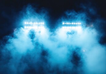 A dramatic stage scene with bright lights piercing through a thick blue fog, creating a captivating and mysterious atmosphere.