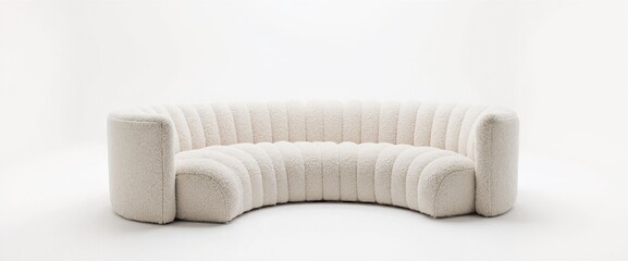 Elegant curved off-white boucle sofa with hidden plinth base on white background