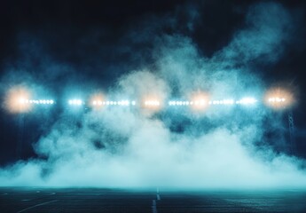 A dramatic sports scene illuminated by bright lights, featuring a foggy atmosphere that adds mystery and excitement to the environment.