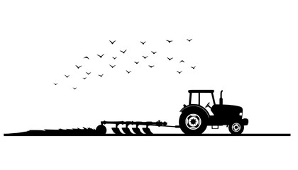 Silhouette of a tractor with a plow in a field with birds flying overhead on a white background view editable eps vectors
