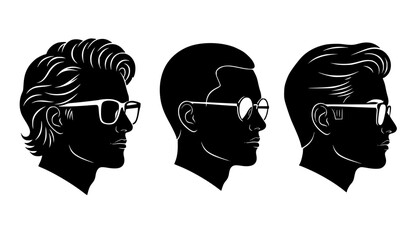 Three silhouette profiles of men with varying hairstyles and glasses in a vector illustration
