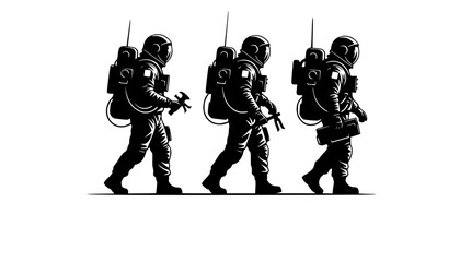 Three astronauts in silhouette walking with equipment on a white background in a vector image
