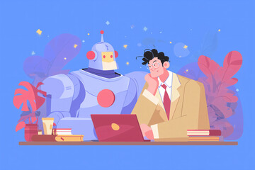 A person and robot pondering a problem together while using laptop. The scene exudes intellectual collaboration and technological advancement