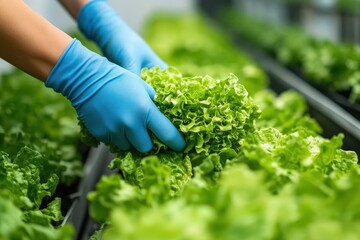 A person in blue gloves carefully harvests fresh, vibrant lettuce from a well-maintained indoor garden or greenhouse.