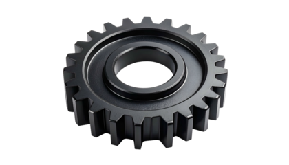 Metallic gear with circular teeth, inner ring, and detailed shadows against a black background