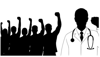 Silhouettes of people with raised fists and a doctor with a stethoscope in black and white style | eps vectors
