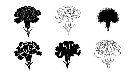 Collection of six carnation flower illustrations in varying styles and black and white color schemes | editable eps vectors silhouette
