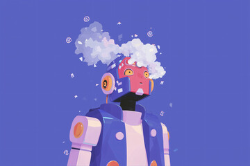 A futuristic robot with a unique design and cloud-like hair against a blue backdrop. It is standing out the scene