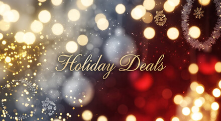 Festive golden script typography announces holiday deals set against a dramatic bokeh background filled with shimmering lights and soft sparkling elements appropriate for seasonal celebrations and win