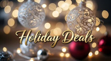 Festive holiday deals advertisement overlay featuring shiny gold script text centered over softly blurred background bokeh lights and sparkling Christmas ornaments for seasonal promotion