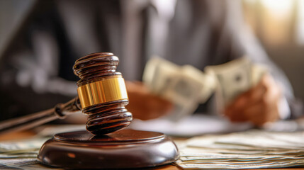 Wooden judge gavel on desk with blurred businessperson counting cash money symbolizing legal decisions involving financial matters and courtroom justice concepts
