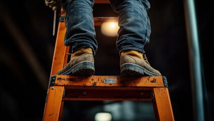 A person stands on an orange ladder, wearing work boots, with a tool in hand, illuminated by a soft light.