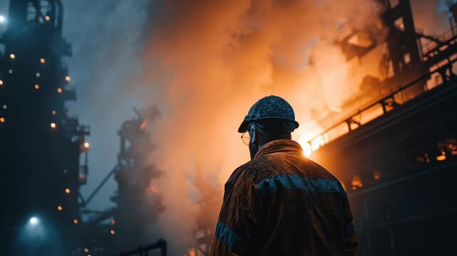 Man in a fireman's hat stands in front of a burning building. The scene is chaotic and dangerous, with the man looking on with a sense of duty and responsibility