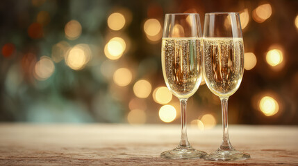 Two glasses filled with sparkling champagne standing side by side on a rustic surface against a warm, glowing bokeh background perfect for celebration themes