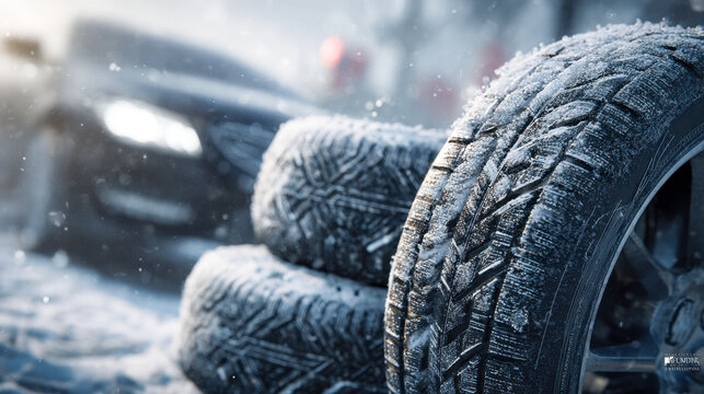 Winter tires covered with frost and snow stacked outdoors near a blurred car during a cold snowy day for safe driving in icy conditions