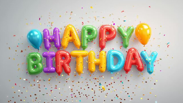 Colorful birthday sign with balloons and confetti. The sign says Happy Birthday and is surrounded by confetti