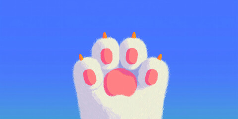 Close-up view of a cat's paw against a vibrant blue background