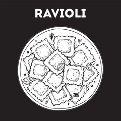 Ravioli sketch. Vector drawing illustration. Italian food. Italian cuisine. Hand drawn. Top view. Not AI Generated.