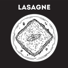 Lasagne sketch. Vector drawing illustration. Italian food. Italian cuisine. Hand drawn. Top view. Not AI Generated.