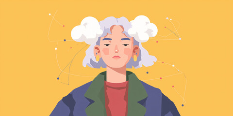 Obraz premium A woman with thought clouds, conveying a state of mind