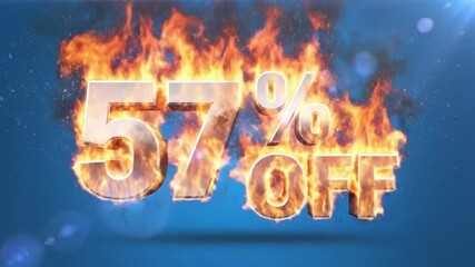 Fiery 57 percent off sale promotion with burning text graphic over blue background for retail marketing