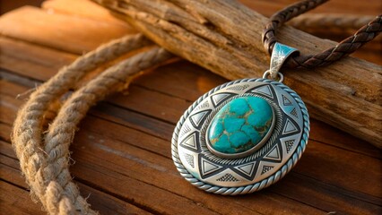Turquoise pendant on leather cord resting on wooden surface during daylight hours