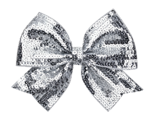 Silver sequined bow with loops and tail ends, isolated on a transparent background