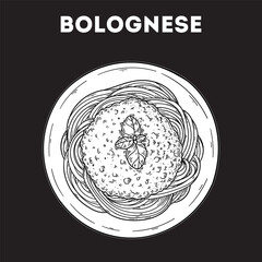 Pasta with Bolognese sauce sketch. Vector drawing illustration. Italian food. Italian cuisine. Hand drawn. Top view. Not AI Generated.